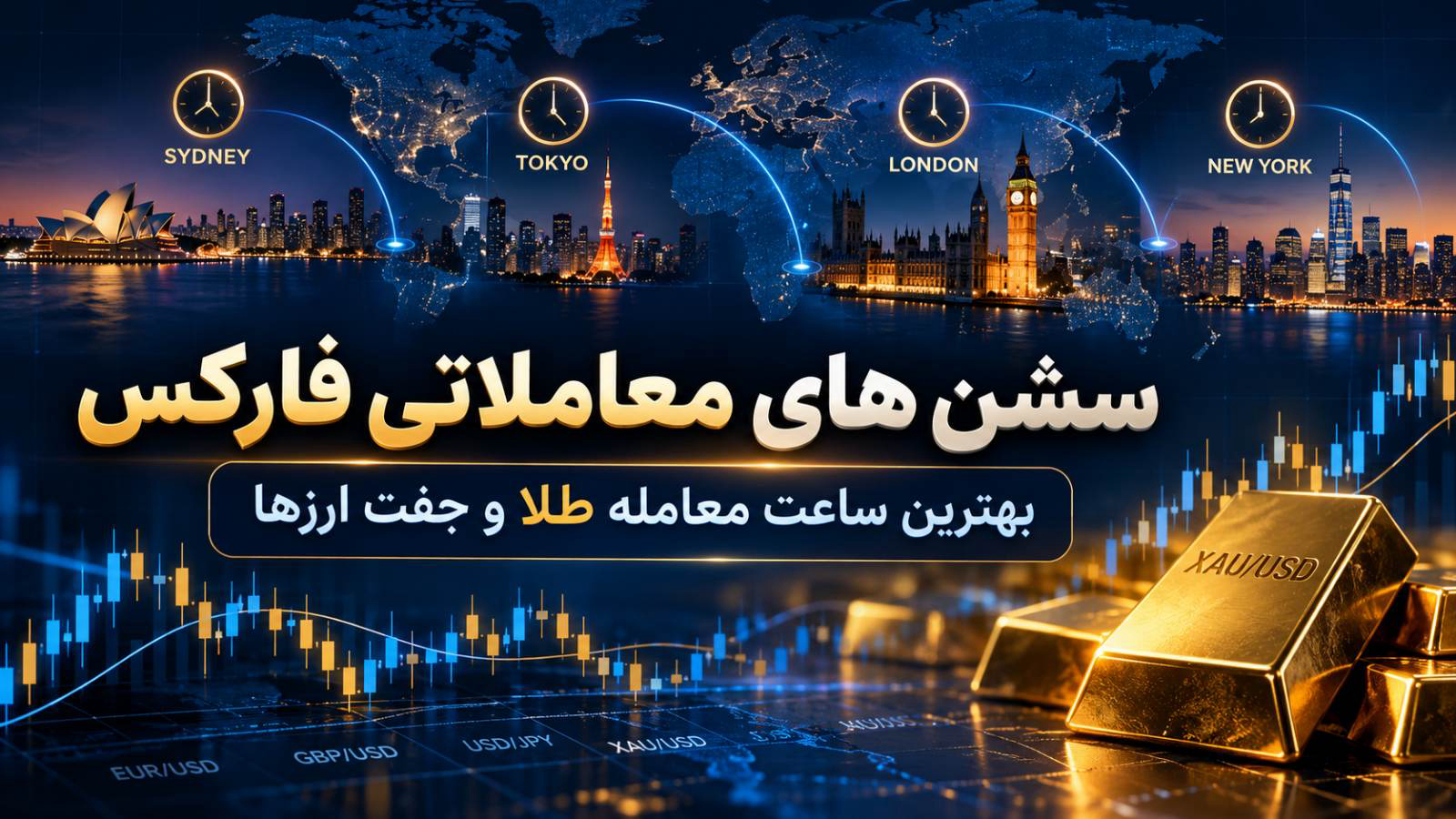 تصویر سشن های معاملاتی فارکس شامل ساعت بازارهای سیدنی، توکیو، لندن و نیویورک